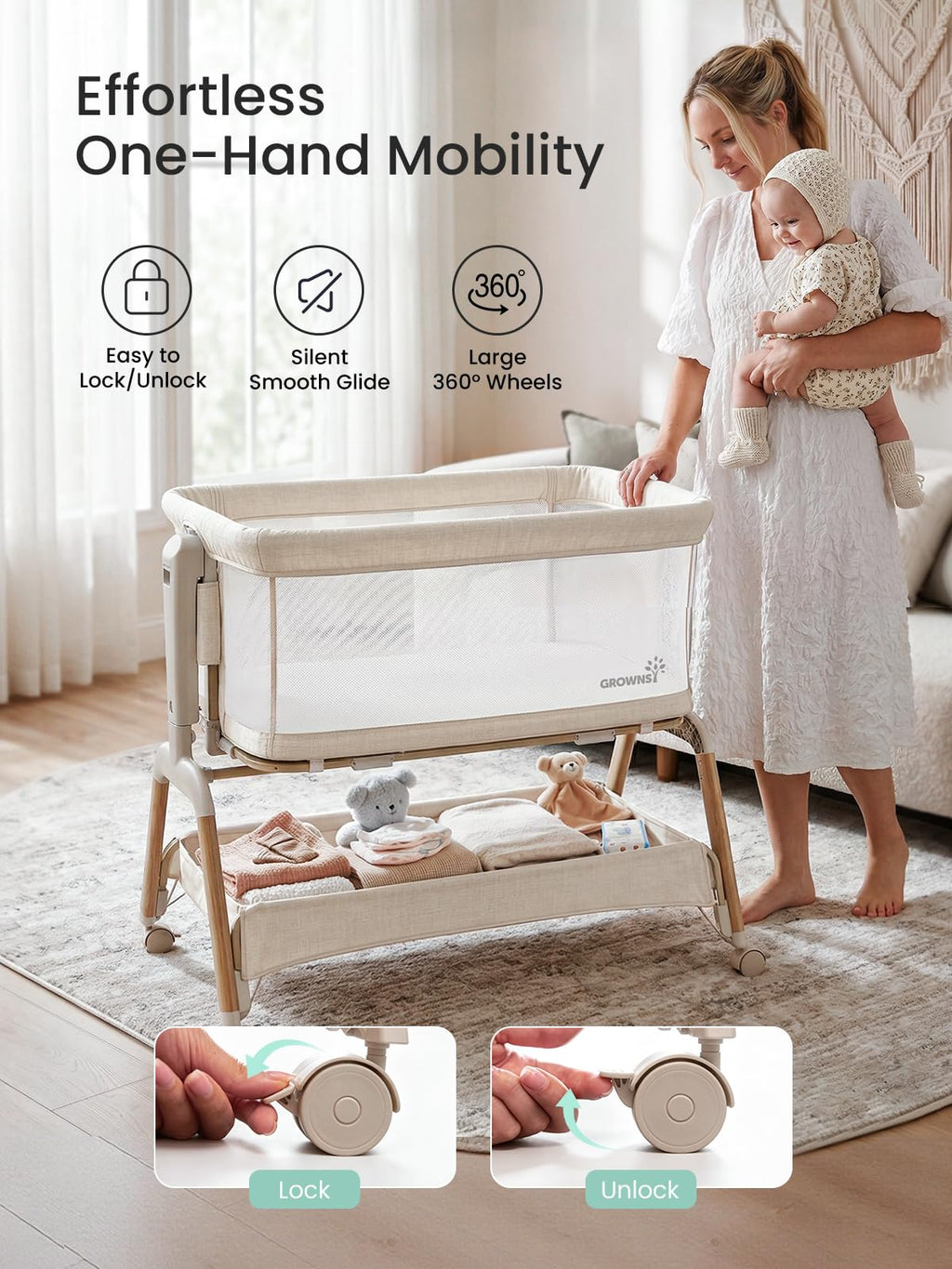 5-in-1 Baby Bassinet Bedside Sleeper with Gentle Manual Rocking