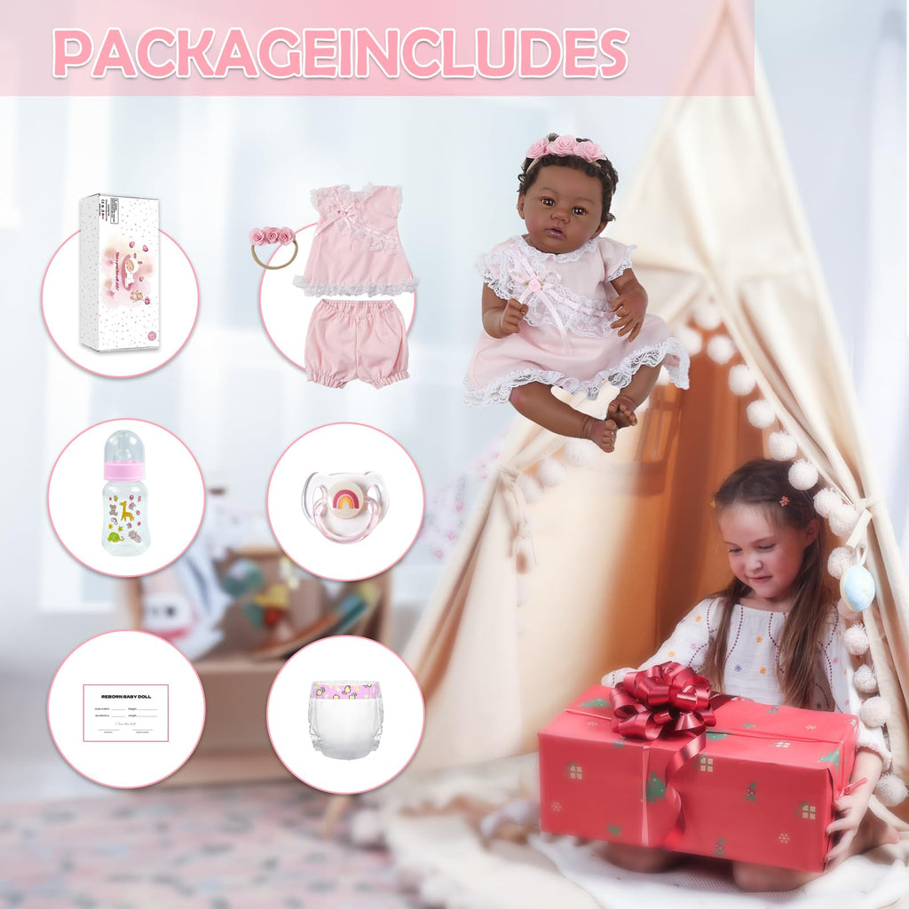 KSBD Reborn Baby Doll Black Girl – 18-Inch Realistic Lifelike African American Newborn Handmade Doll with Real Life Soft Weighted Body and Accessories – Gift Set for Kids Ages 3 and Up