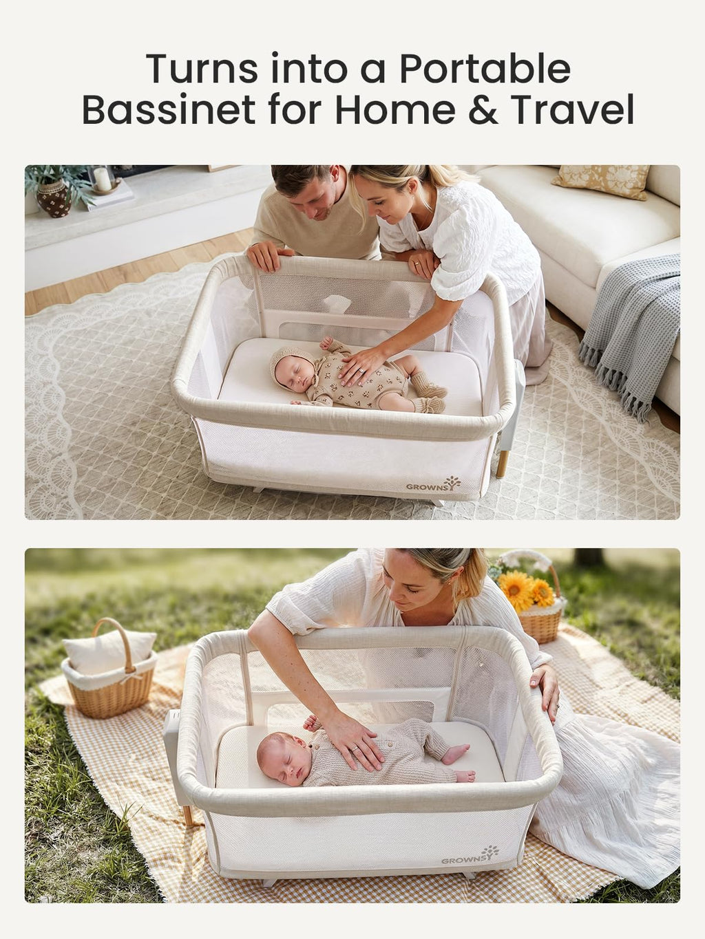 5-in-1 Baby Bassinet Bedside Sleeper with Gentle Manual Rocking