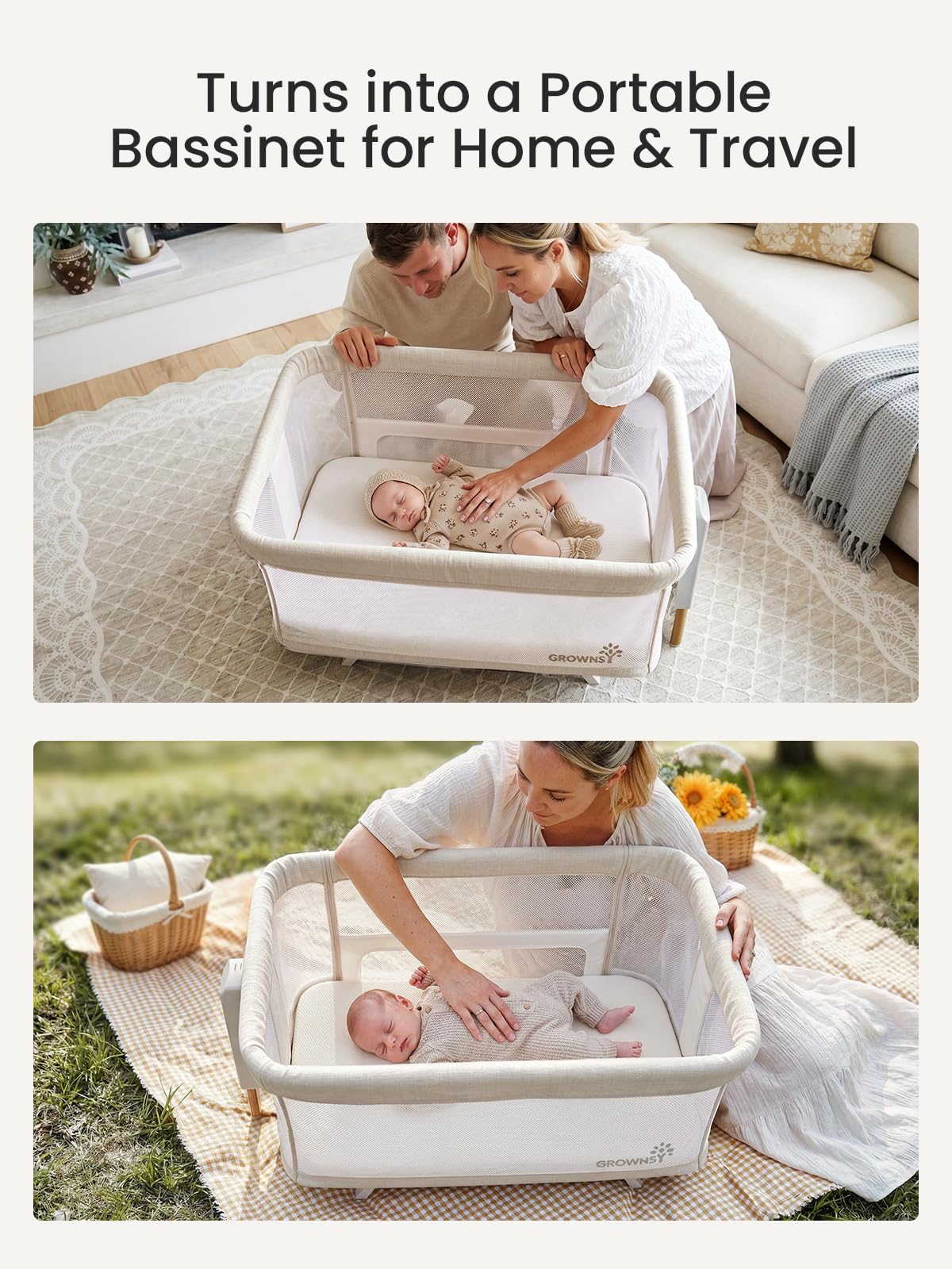 5-in-1 Baby Bassinet Bedside Sleeper with Gentle Manual Rocking