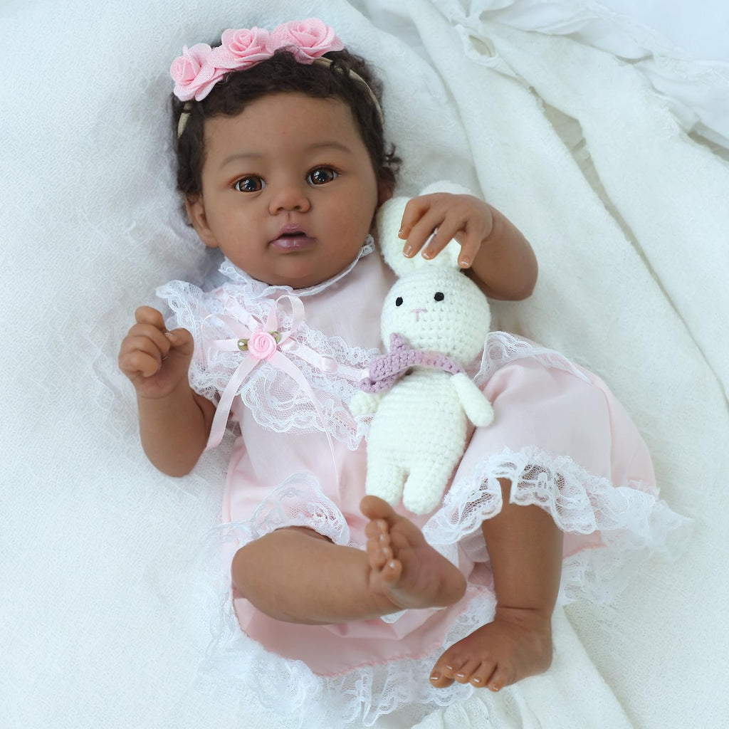 KSBD Reborn Baby Doll Black Girl – 18-Inch Realistic Lifelike African American Newborn Handmade Doll with Real Life Soft Weighted Body and Accessories – Gift Set for Kids Ages 3 and Up