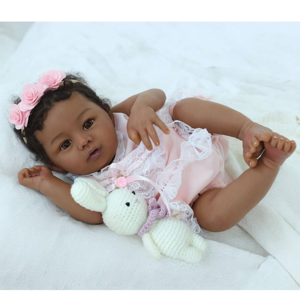 KSBD Reborn Baby Doll Black Girl – 18-Inch Realistic Lifelike African American Newborn Handmade Doll with Real Life Soft Weighted Body and Accessories – Gift Set for Kids Ages 3 and Up