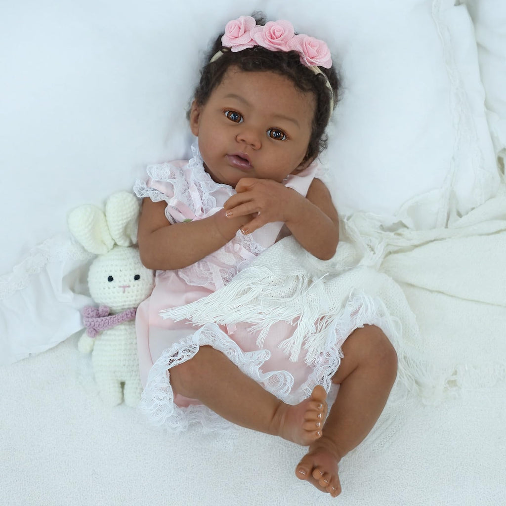 KSBD Reborn Baby Doll Black Girl – 18-Inch Realistic Lifelike African American Newborn Handmade Doll with Real Life Soft Weighted Body and Accessories – Gift Set for Kids Ages 3 and Up